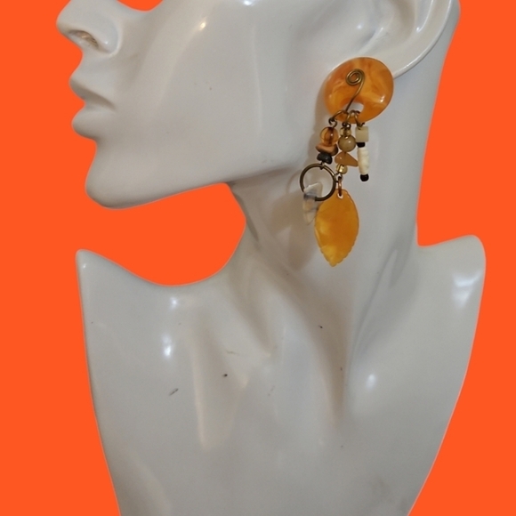 VTG 1980s Orange Acrylic Wire Wrapped Beaded Dangle Earrings - Picture 1 of 5